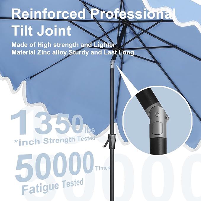 Tempera 9FT Scalloped Tassel Patio Umbrella, Outdoor Market Umbrellas with 8 Sturdy Ribs with Crank & Pust Button Tilt,Fade Resistant Canopy