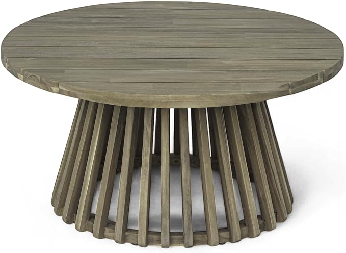 Merax Patio Outdoor Acacia Wood Round Coffee Table for Backyard, Lawn, Balcony, Grey Finish
