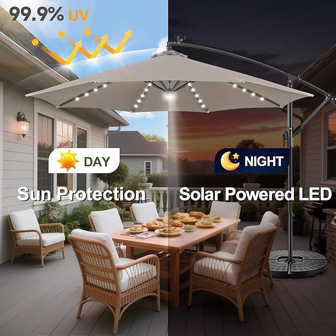 Solar Offset Patio Umbrella - 10 FT Solar Cantilever Umbrella Outdoor with 40 LED Lights and Cross Base, UV Protection for Garden, Deck, Backyard, Pool, Porch, Taupe