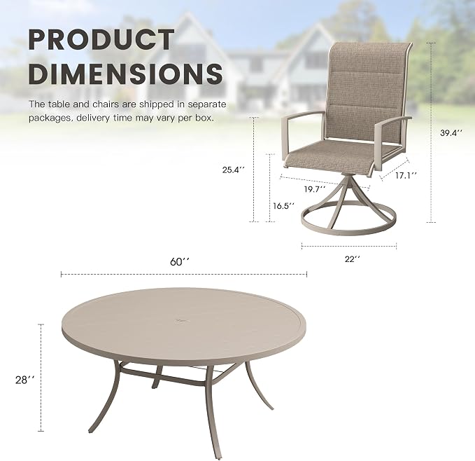 Outdoor Dining Set for 8, 60" Outdoor Dining Table with Umbrella Hole and Padded Textilene Patio Swivel Chairs, 9 Pieces Patio Table and Chairs Set for Garden Backyard, Sandshell