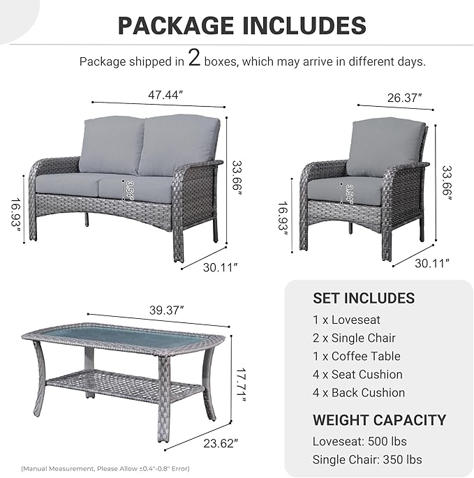 ovios 4-Piece Patio Furniture Set, Outdoor Wicker Sofa with Chairs Coffee Table, High Back Rattan Couch Loveseat with Comfy Cushions for Porch Yard Deck, Dark Grey