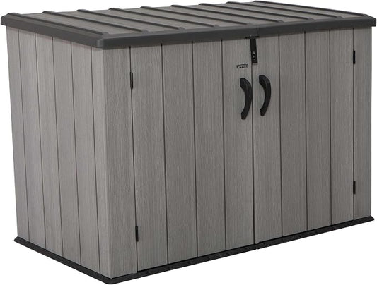 LIFETIME Horizontal Outdoor Storage Shed, Weather Resistant Resin Storage Can Fit Two Large Garbage Cans, Lockable Doors, Spring‑Hinge Lid, Low‑Maintenance Backyard Utility Shed
