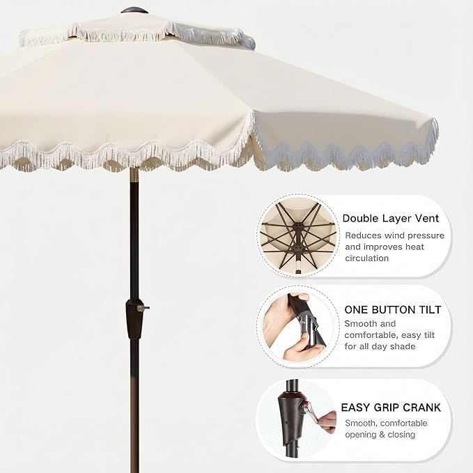 9FT Patio Umbrella with Fringe,Tassel Umbrella with Push-Button Tilt | UPF 50+ & Rust-Resistant Fiberglass Frame for Patio, Pool,Garden,YardCreamy-white