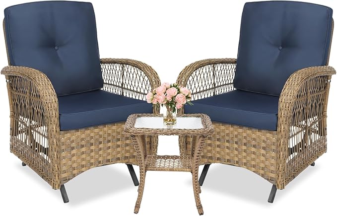 MEETWARM 3 Pieces Outdoor Patio Wicker Rocking Glider Set, Rocking Chairs Rattan Patio Furniture Sets with Glass-Top Coffee Table and Thickened Cushion, Conversation Bistro Set, Navy Blue