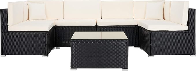 SAFAVIEH Outdoor Collection Diona Black/Grey Cushion Sectional Set with Glass Top Coffee Table, Ideal for Deck, Patio, Backyard, Sunroom