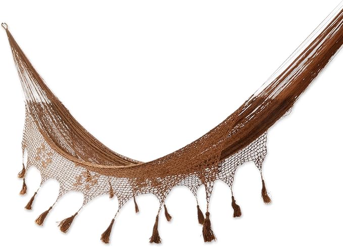 NOVICA Copper Brown Hand Woven Nylon Mayan 2 Person XL Rope Hammock with Crochet Fringe, 'Copper Filigree' (Double)