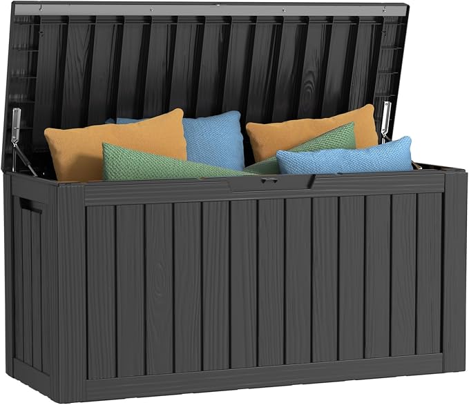 PatioZen 80 Gallon Outdoor Deck Box,Waterproof Resin Outdoor Storage Boxes, Outside Storage Lockable Container for Garden Tools,Indooor Cushions,Accessories (Black)