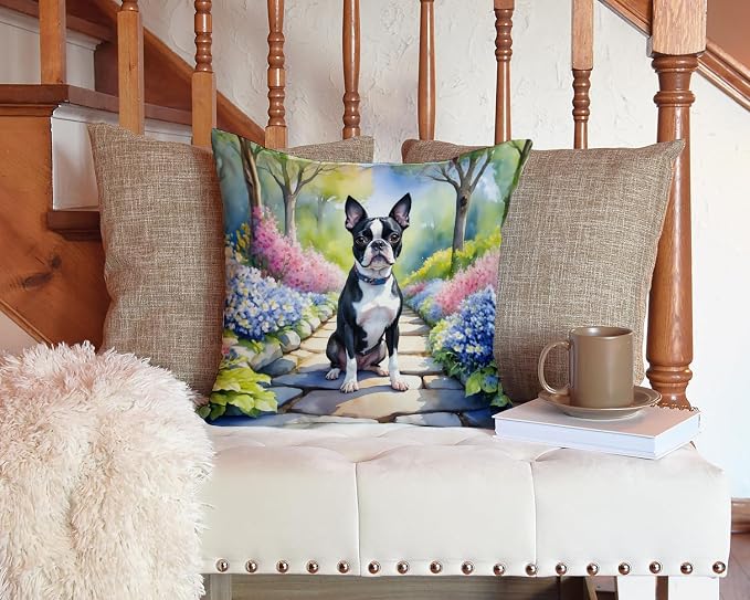 Caroline's Treasures Boston Terrier Spring Path Throw Pillow Machine Washable, Indoor Outdoor Decorative Pillow for Couch, Bed or Patio, 14Hx14W