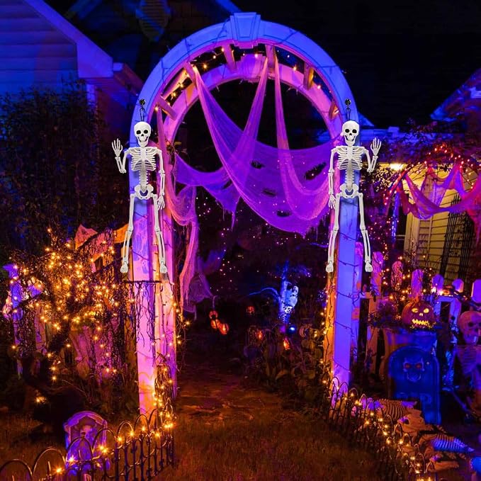 XIMISHOP 2pcs Skeleton Halloween Decoration, 16” Full Body Posable Hanging Plastic Decoration with Movable Joints for Indoor Outdoor