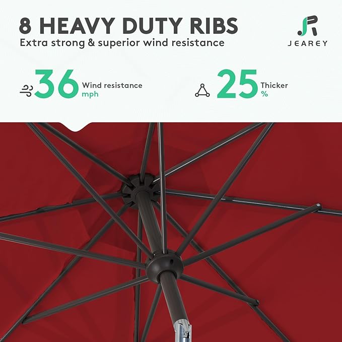 JEAREY 10FT Outdoor Patio Umbrella Outdoor Table Umbrella with Push Button Tilt and Crank, Market Umbrella 8 Sturdy Ribs UV Protection Waterproof for Pool, Garden (Red)