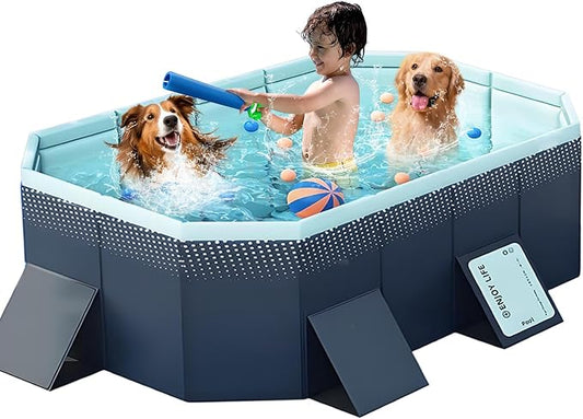 Large Foldable Swimming Kiddie Pool 83" L x 55" W x 22" H – Hard Plastic Square Pool for Kids & Dogs, Reinforced Sidewalls for Backyard Use