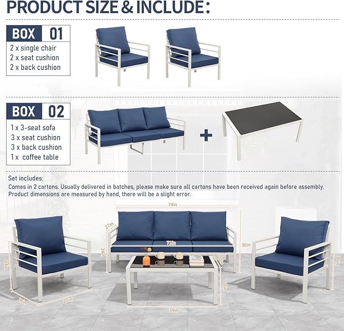 Patio Furniture Set 4 Pieces Outdoor Furniture White Metal Frame Patio Couch Outdoor Chairs Glass Coffee Table with No-Slip Cushions and Waterproof Covers, Navy Blue