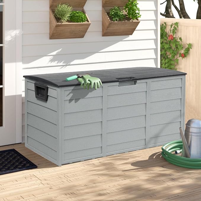Crownland Modern Rectangular Deck Box, 75 Gallon Sun-proof Woodgrain Patio Storage Box for Garden, Balcony, Grey