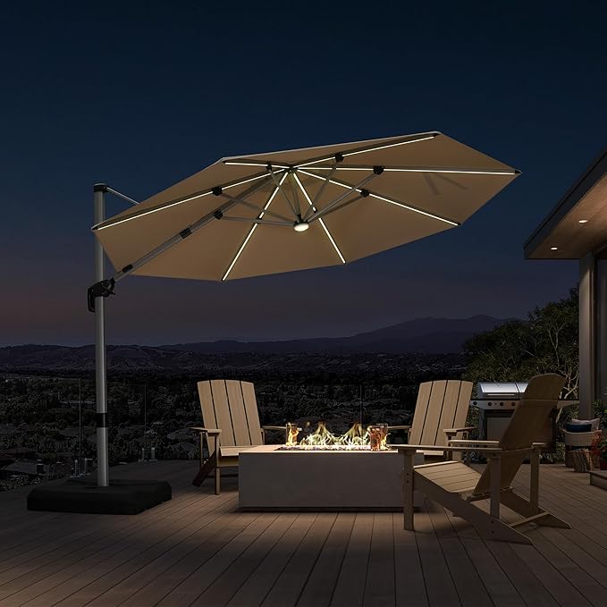 PURPLE LEAF 11ft Patio Umbrella with Lights Outdoor Round Cantilever Solar Powered LED Umbrella with 360-degree Rotation for Garden Deck Pool Patio, Beige