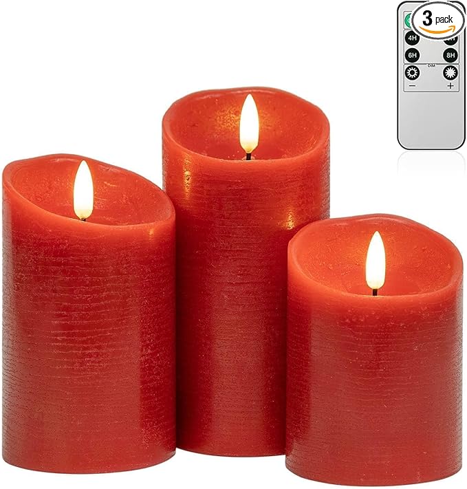 ANGELLOONG Red Flameless Candles with Remote and Timer, Real Wax Flickering Fake Pillar Candles Battery Operated, Electric LED Candle for Bathroom Table Decor Birthday Gifts for Him Her, Set of 3