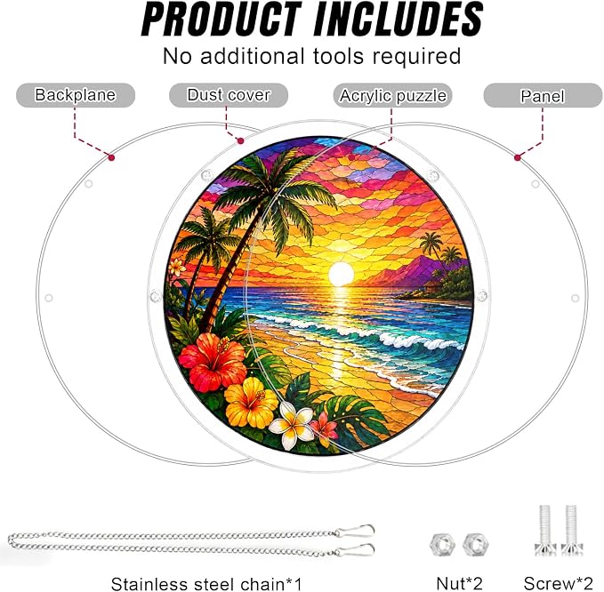 Acrylic Suncatcher Jigsaw Puzzle, Tropical Beach Sunset Stained Glass Style Sun Catcher Puzzle for Adults, Window Wall Hanging Decor, Palm Trees Ocean Wave DIY Craft Puzzles Gift Women