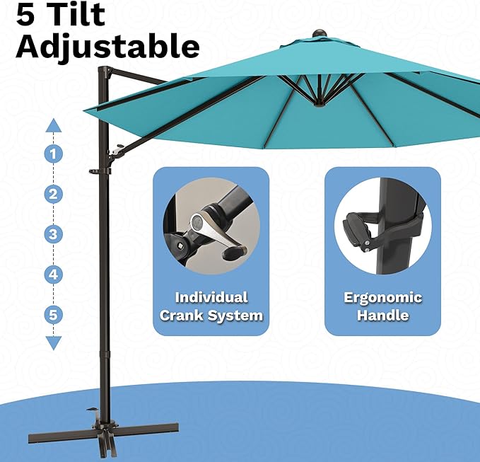 Devoko 10ft Cantilever Patio Umbrella, Round Large Outdoor Umbrella with 360-Degree Rotation, Hanging Offset Market Sun Umbrella, Easy Tilt and Heavy-Duty Frame, for Patio Backyard Garden, Turquoise