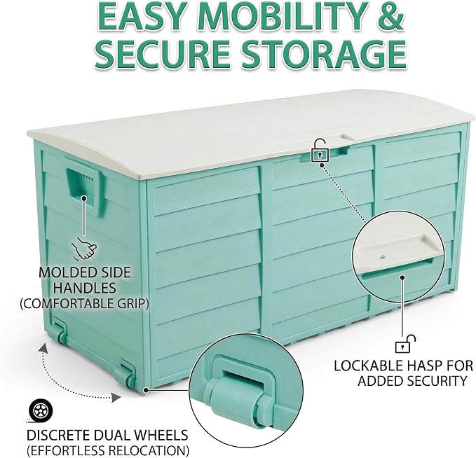 75 Gallon Outdoor Storage Deck Box, Weatherproof Resin Garden Storage Bin with Wheels and Handles, Lockable Toy Chest & Patio Cushion Box for Yard and Pool, Mint Green