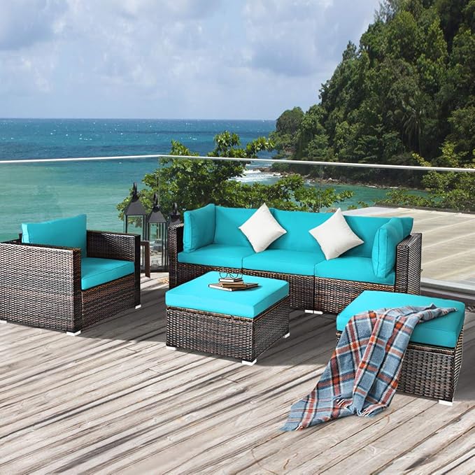HAPPYGRILL 6 Pieces Patio Conversation Set Outdoor Furniture Set Rattan Wicker Sectional Sofa Set with Soft Cushions Coffee Table Ottoman for Backyard Garden Poolside