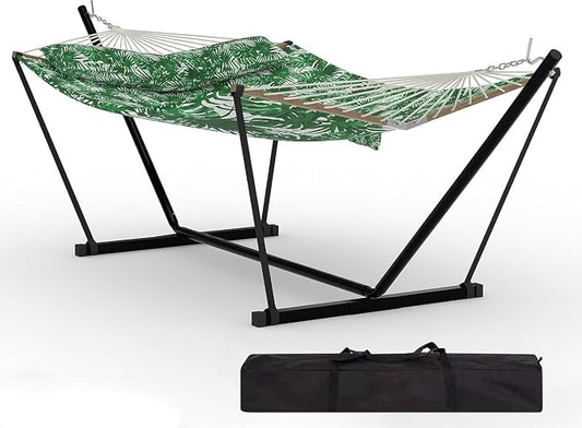 2 Person Outdoor Hammock with Stand, 450 LBS Heavy Duty Anti-Tipping Frame with Balance Rope, Rainproof & Quick Dry for Patio, Backyard, Balcony & Outdoor Garden Use, Green Banana Leaf Color