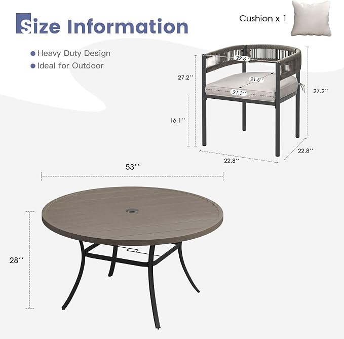 VICLLAX Patio Dining Set, 53" Grey Table & 6 Chairs with Wheat Cushion | Outdoor Table and Chairs Set of Round Metal Patio Table, Outdoor Dining Chairs with Metal Frame, Garden Deck Porch