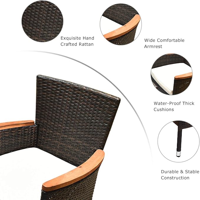 Tangkula 9 Piece Outdoor Dining Set, Garden Patio Wicker Set w/Cushions, Furniture with Acacia Wood Table and Stackable Armrest Chairs