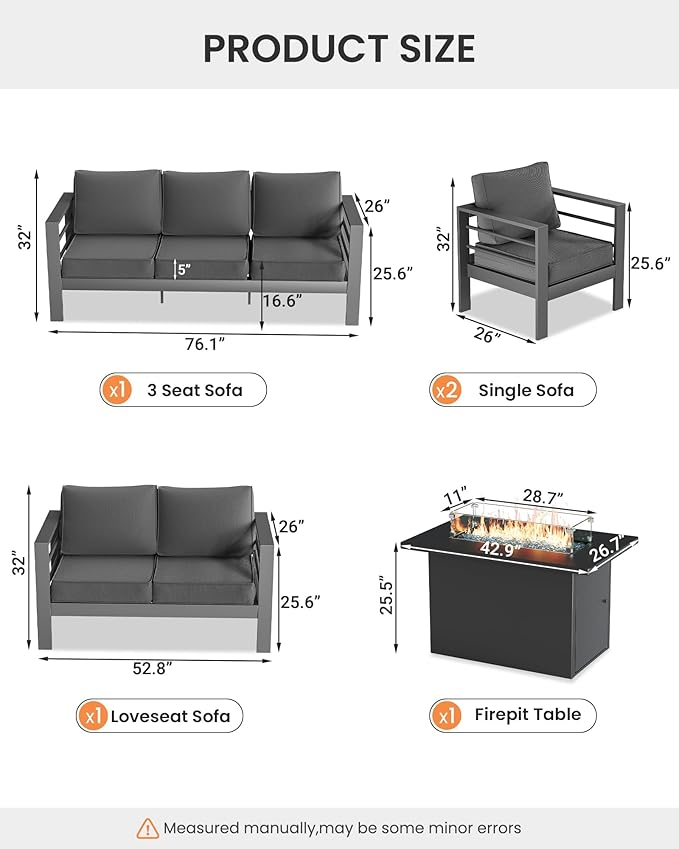 UDPATIO Aluminum Patio Furniture Set, 5 Pieces Outdoor Conversation Set with Fire Pit Table, All-Weather Modern Sectional Sofa for Patio, Deck, Backyard, Dark Grey/Dark Grey