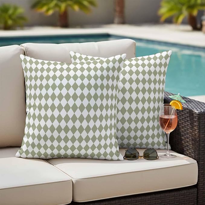 Outdoor Throw Pillow Cover Modern Sage Green White Check Waterproof Cushion Covers 2 Pack Abstract Buffalo Plaid Pillow Cases Home Decoration for Patio Garden Couch Sofa