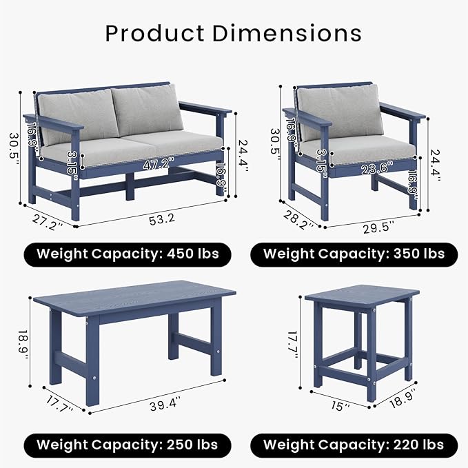 5-Piece Patio Conversation Sets, Weatherproof HDPE Sectional Furniture Set with Cushions, Outdoor Sofa Set for for Porch, Balcony, Deck, Lawn (Navy Blue)