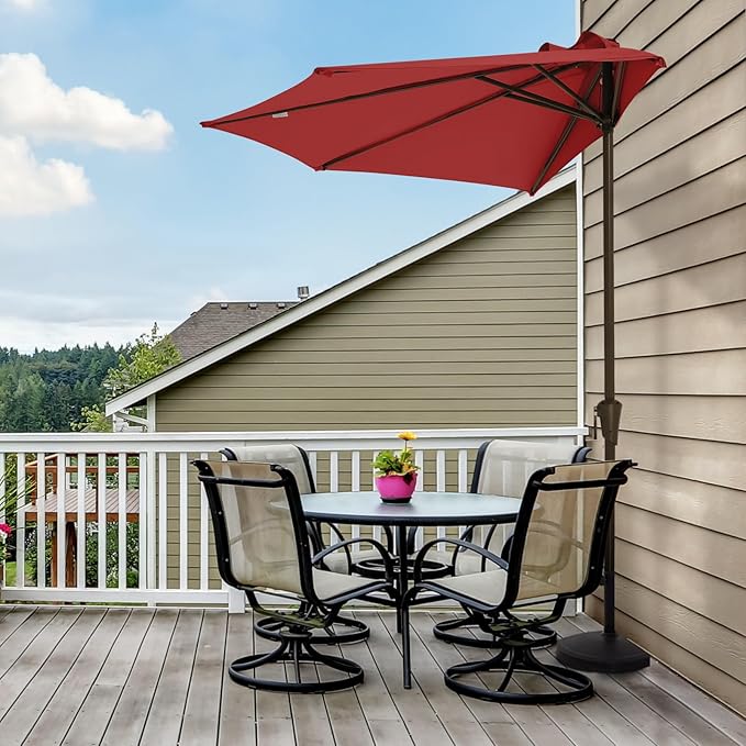 JEAREY 9ft Half Umbrella Outdoor Patio Umbrella Market Umbrellas with Crank, 1/2 Round Wall Umbrella 5 Sturdy Ribs UV Protection for Pool Garden Balcony Deck, Red