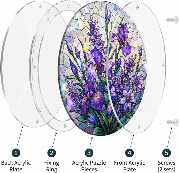 Acrylic Jigsaw Puzzle Suncatcher - Purple Flower Acrylic Puzzle Window Hanging Decor, 83 Irregular Pieces & Hanging Chain - Creative DIY Home Indoor & Garden Decor (7.4 Inch)