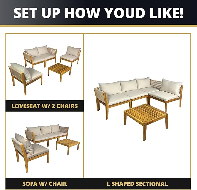Kinger Home Steven 5-Piece Acacia Wood Outdoor Patio Furniture Set with Cushions Stylish and Durable Compact Wood Patio Furniture Set for Gardens, Decks, and Balconies