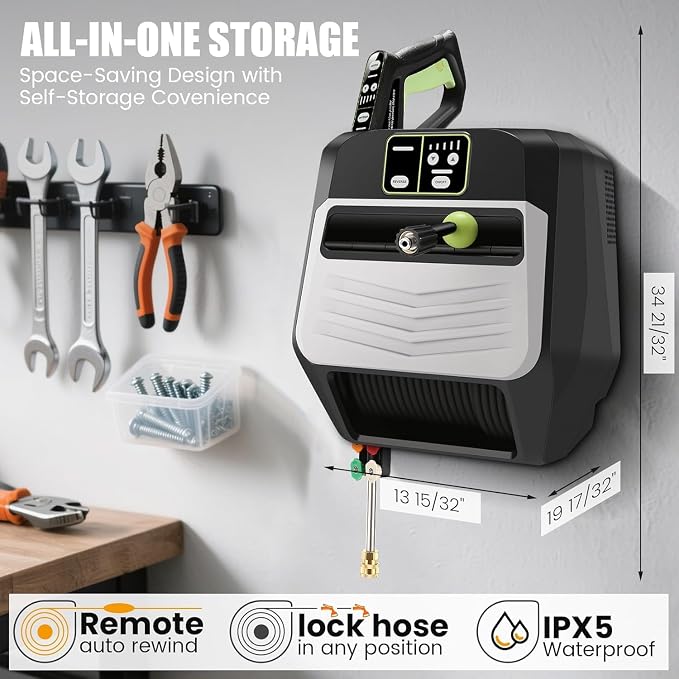 Wall Mounted𝐌𝐀𝐗𝐏𝐒𝐈𝟓𝟓𝟎𝟎 𝐏𝐫𝐞𝐬*𝐬𝐮𝐫𝐞 𝐖𝐚*𝐬𝐡𝐞𝐫 - 5 Levers with 100FT Retractable Hose for Car/Driveway,Automatic Rewind, Any Length Lock,Black