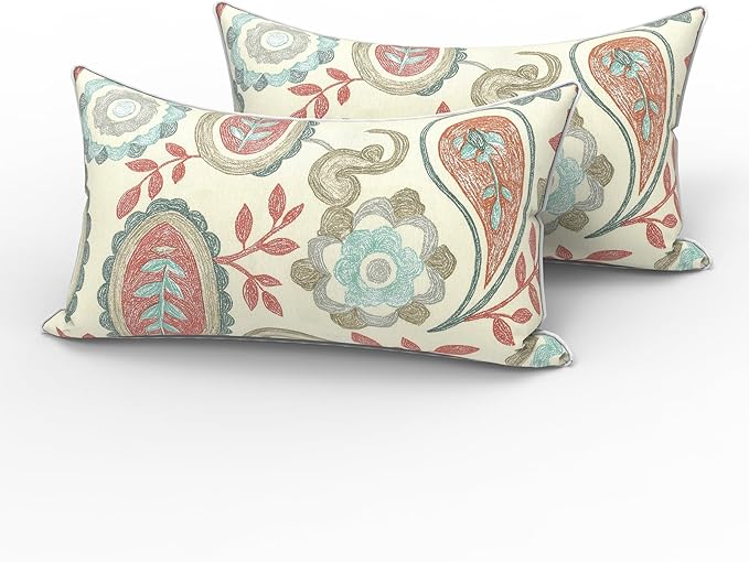 LVTXIII 2 Pack Outdoor Lumbar Pillows 12x20 Inch with White Piping, Fade Resistant Support Throw Pillows with Inserts for Patio Furniture, Sofa, Chair, Paisley Vintage