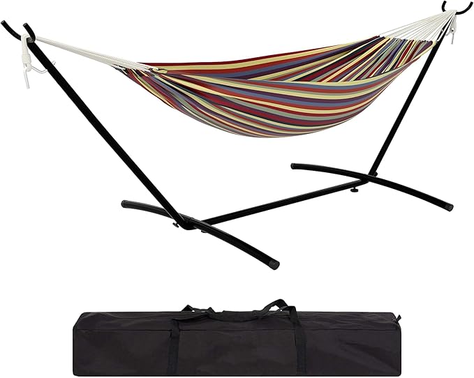 Iron Frame Cotton-Polyester Hammock - Standing Hammock for Outside, 2-Person Capacity, Reinforced Steel Frame, Portable Outdoor Lounger, Quick-Fold Carry Bag