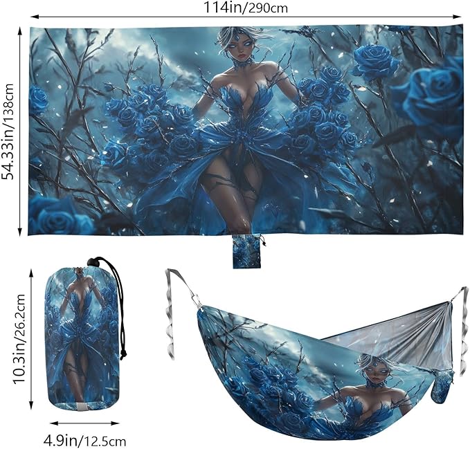 Anime Beauty Blue Rose Dark Gothic Outdoor Hammock Foldable Indoor Hammock for Outside Beach Patio Garden