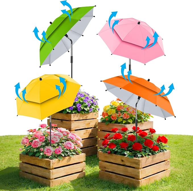 4 Pack 24.9" Double Canopy 47.2" Height Plant Umbrellas for Outdoor Plants, 3D Stakes 360° Adjustable Plant Shades for Outdoor Plants, Garden