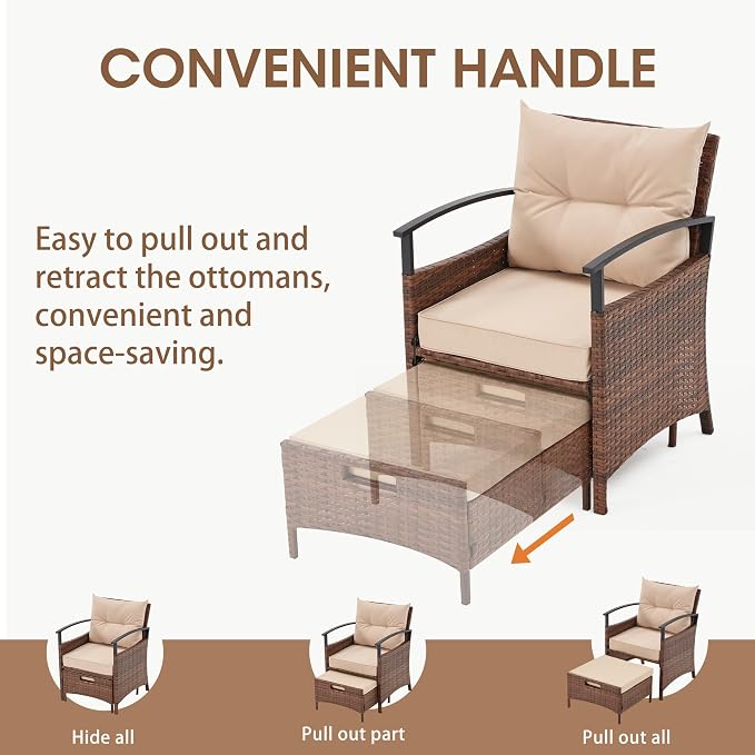 ECOTOUGE 5 Pieces Patio Furniture Set, Outdoor Wicker Chairs with Pull Out Ottoman & Metal Coffee Table, Rattan Conversation Set for Garden, Deck, Balcony, Poolside(Beige)
