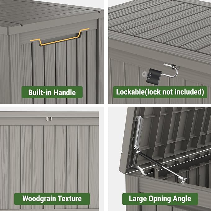 Mars Villa 180 Gallon Outdoor Storage Box, Large Waterproof Resin Deck Box for Patio Furniture Cushions, Pool Supplies, Gardening Tools, Lockable, Weatherproof and UV Resistant, Grey