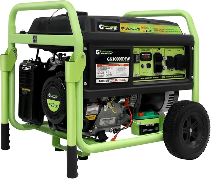 Green-Power America Portable Generator 10000 Watt Gas/Propane Dual Fuel Electric Start Home Backup & RV Ready 120V/240V Outlets Camping Commercial & Residential Emergency Home Backup - EPA Compliant