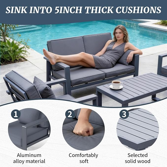 Aluminum Patio Furniture Set, Modern Metal Outdoor Conversation Sectional Sofa with Washable Thick Cushions, Coffee Table and Waterproof Cover (Grey, 1088-4seat)