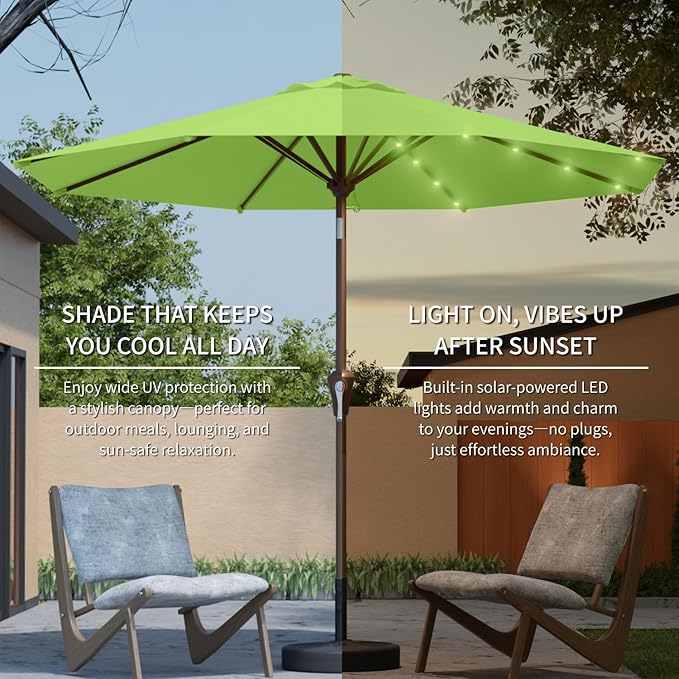 10FT Solar Umbrella 32 LED Lighted Patio Umbrella Table Market Umbrella w/Tilt and Crank, UV-Resistant Outdoor Umbrella for Pool, Garden, Deck, Apple Green