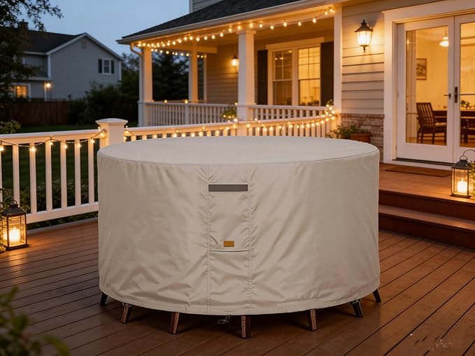 600D Heavy Duty Waterproof Patio Furniture Covers UV Resistant Round Outdoor Table Chair Covers Large Round 84"Diax28"H Beige
