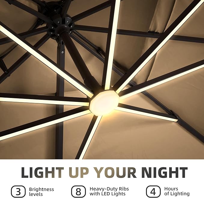 9 X 12 FT Cantilever Patio Umbrella with Led Lights and Base Included Outdoor Heavy Duty Double Top Rectangle Offset Umbrellas with 360-degree Rotation for Pool Deck Backyard, Beige