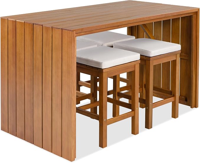 5 Piece Outdoor Bar Set, Patio Acacia Wood Bar Height Table & Four Stools with Cushions for Backyard, Poolside, Balcony (Beige+Natural)
