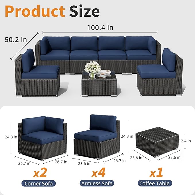 Oakcloud 7-Piece Outdoor Patio Furniture Sofa Set Black Rattan Wicker Sectional Conversation Sets with Glass Top Table and Cushions(Dark Blue)