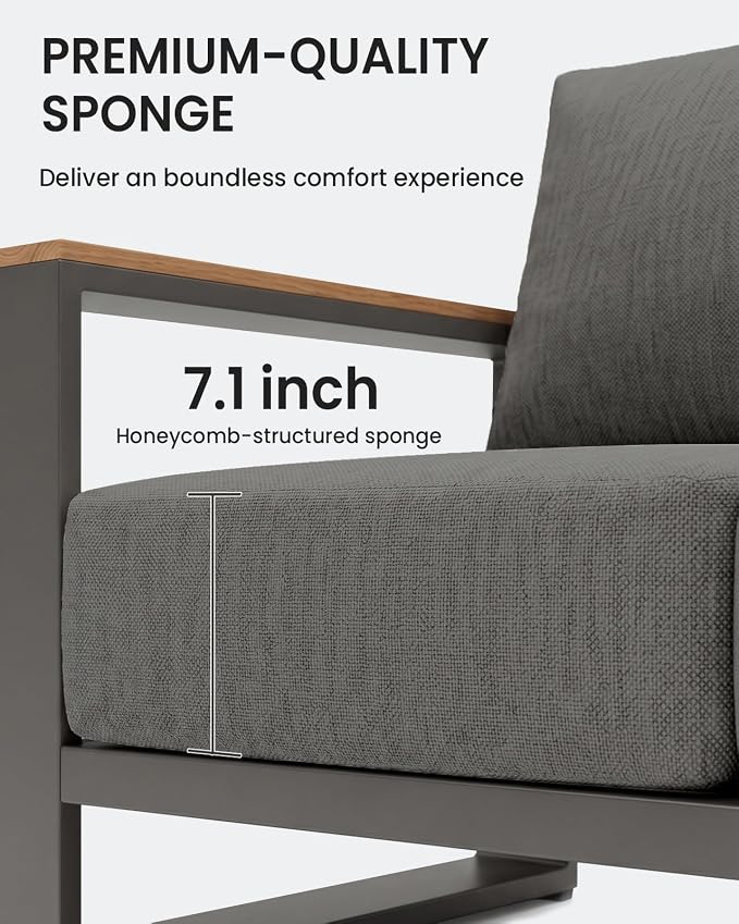 Oversized Aluminum Patio Furniture Set, 4 Pieces Luxury Outdoor Furniture Set with 7.1" Extra Thick Cushion, Modern Outdoor Sectional with Coffee Table for Porch, Garden and Deck, Graphite