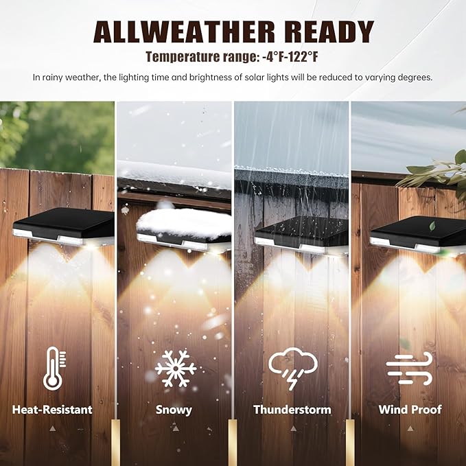 Solar Fence Lights Outdoor，8 Pack IP65 Waterproof Fence Lights Solar Powered with Ultra-Bright LED Lens，12+ Hours Steady Glow 9 Color Modes for Outside Patio Step Backyard Railing