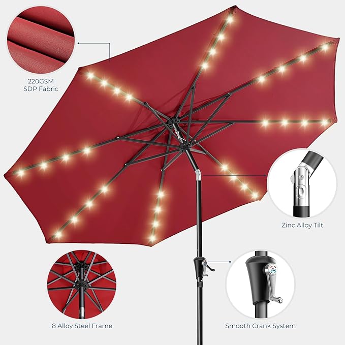 HOMSHADE 9ft Solar Patio Umbrella - Solar Lights LED Lighted Outdoor Market Table Umbrella, UPF50+ UV Protection with Push Button Tilt, Crank for Pool Deck and Garden (Burgundy Red)