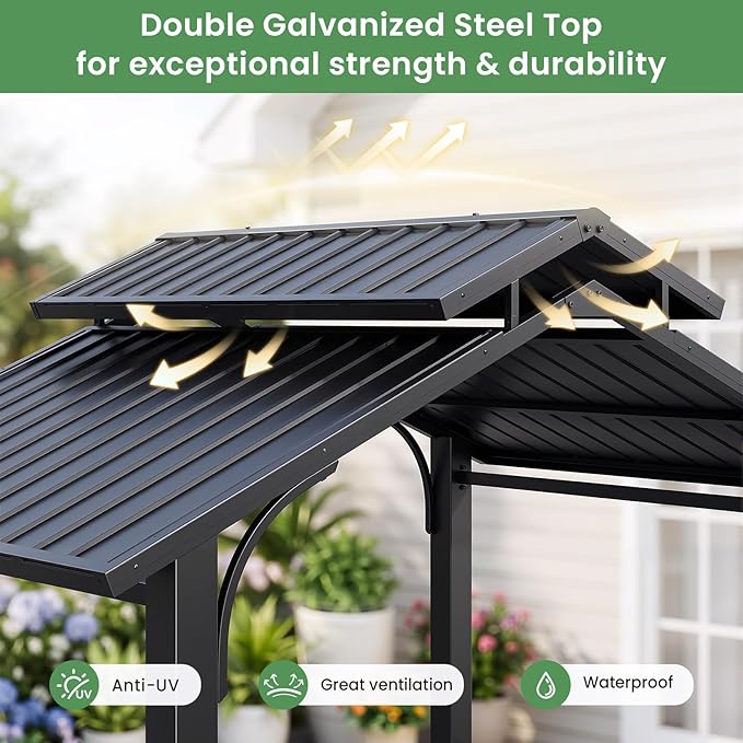 Jocoveol 8 x 5FT Hardtop Grill Gazebo, Outdoor BBQ Gazebo w/Galvanized Steel Double Roof, Metal Grill Canopy w/2 Side Shelves & Hooks, Barbeque Shelter Canopy w/Ceiling Hook for Patio Backyard Garden